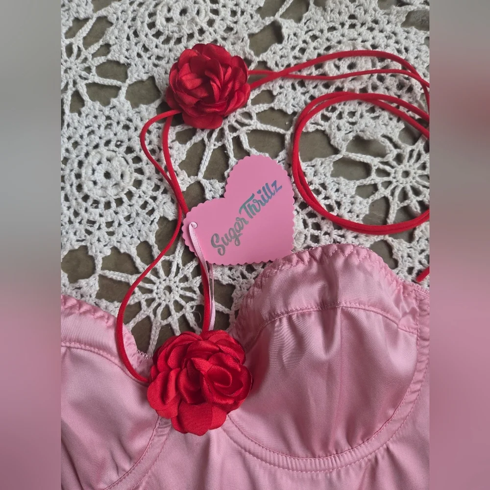 Dolls Kill Sugar Thrillz Floral Pink & Red Sultry Surrender Lingerie Set